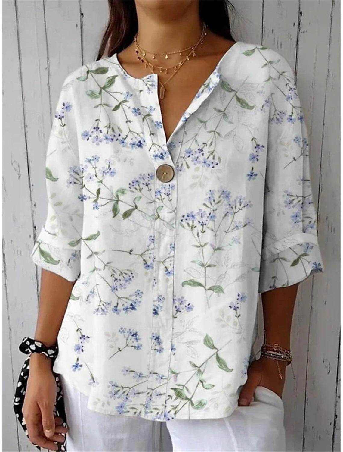 Floral Print Greta Button V-Neck Casual Top