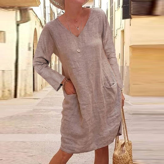Elegant Cotton Linen V-Neck Dress by Greta