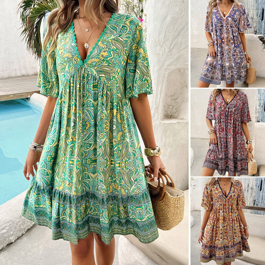 Boho Printed V-Neck Dress by Greta