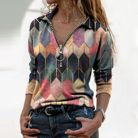 Colorful Zip V-Neck Top Greta Perfect-Fit