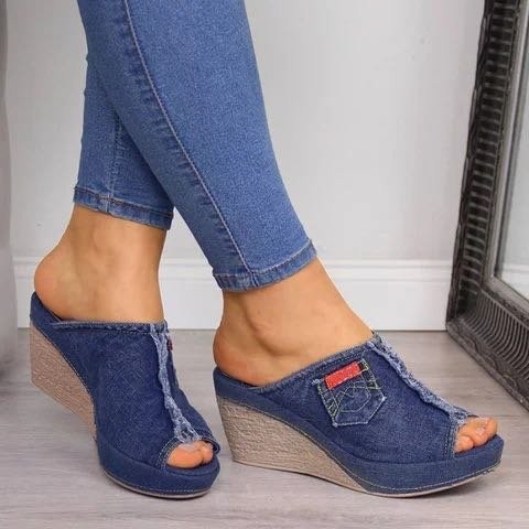 Chic Denim Wedge Sandals by Greta