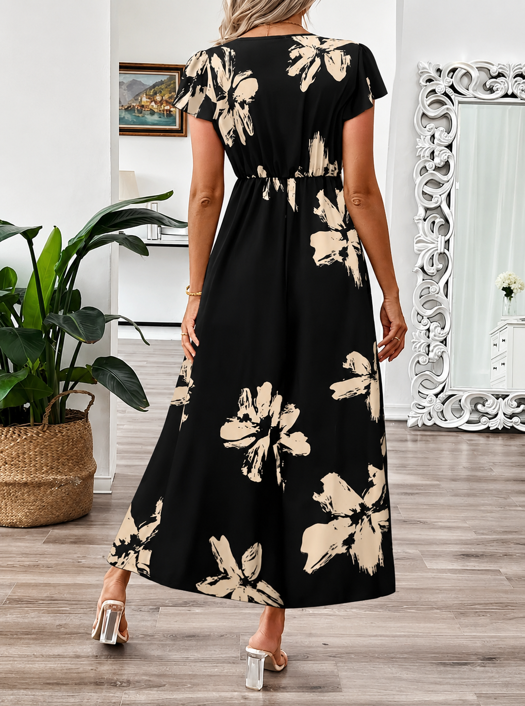 Elegante maxi-jurk met V-hals en print van Greta