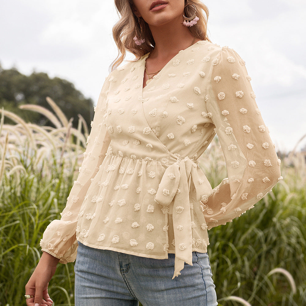 Elegant Jacquard V-Neck Blouse by Greta