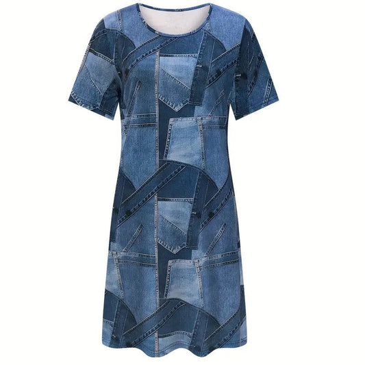 Chic Denim Print Greta A-Line Summer Dress