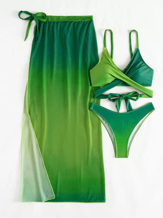 Green Gradient Greta Bikini Three-Piece Set