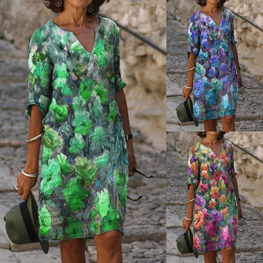 Vibrant Printed V-Neck Dress by Greta 