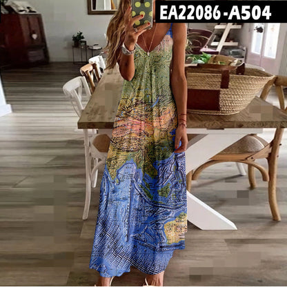Chic Map Print Greta  High Waist Maxi Dress