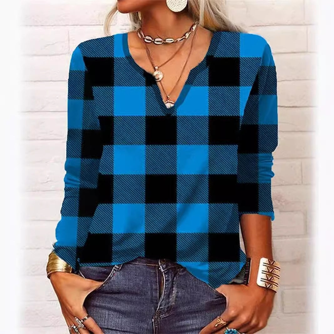 Plaid V-Neck Long Sleeve Top by Greta 