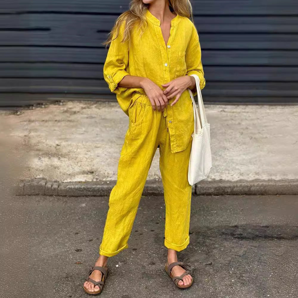 Chic Cotton Linen Set Greta  High Waist Trousers