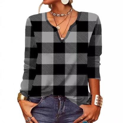 Plaid V-Neck Long Sleeve Top by Greta 