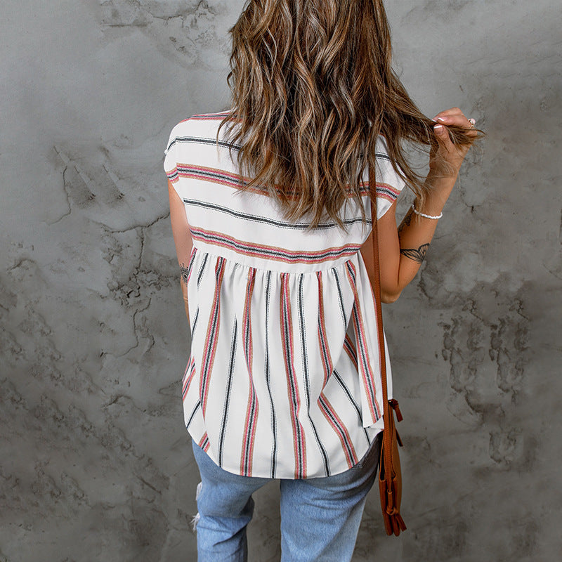 Striped V-Neck Chiffon Blouse by Greta 