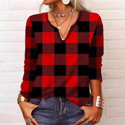 Plaid V-Neck Long Sleeve Top by Greta 