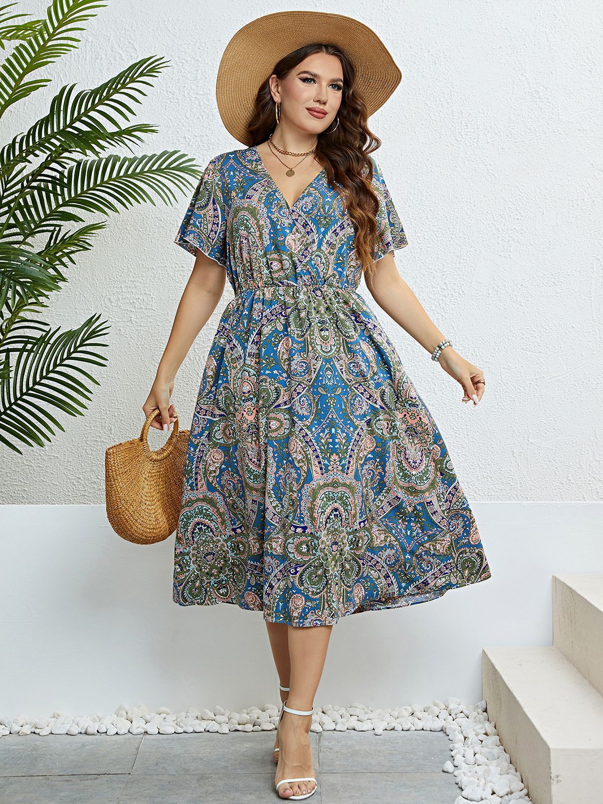 Retro Print Greta  V-Neck Summer Dress