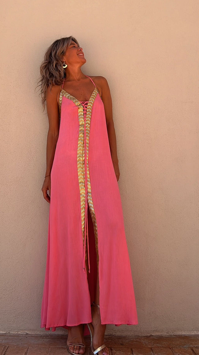 Elegant Lace-Up Halterneck Dress by Greta 
