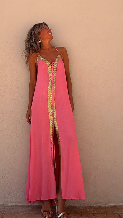 Elegant Lace-Up Halterneck Dress by Greta 