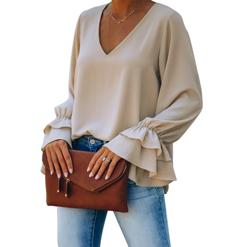 Elegant V-Neck Ruffle Sleeve Top by Greta 