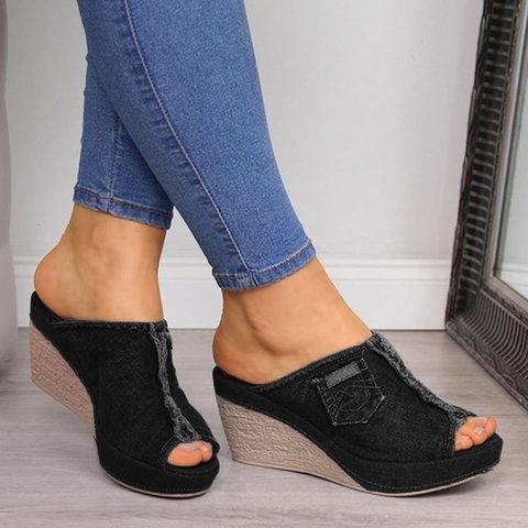 Chic Denim Wedge Sandals by Greta 