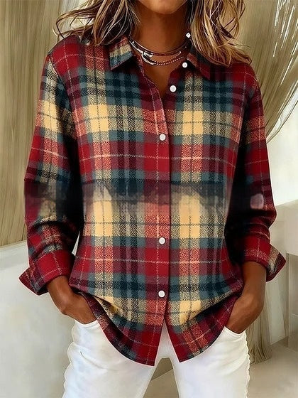 Plaid Colorblock Greta  Long Sleeve Blouse