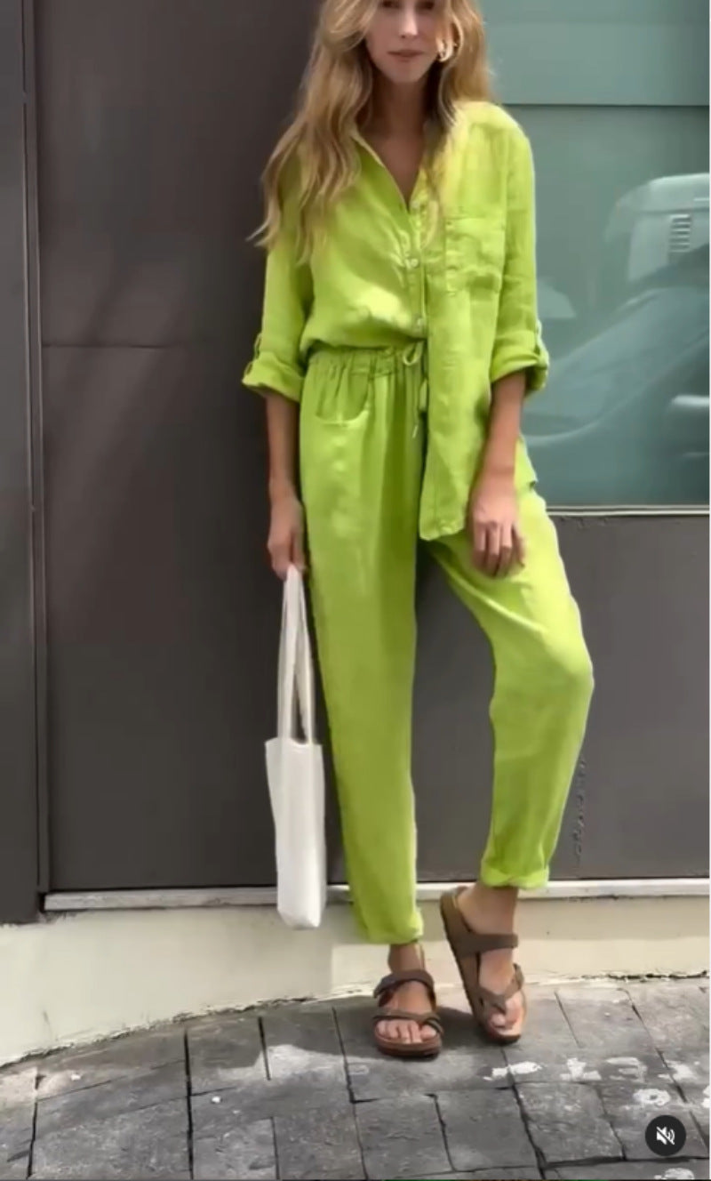 Chic Cotton Linen Set Greta  High Waist Trousers
