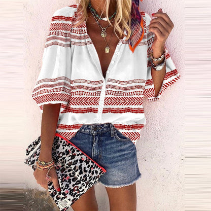 Boho Stripe Print Greta  Button Blouse