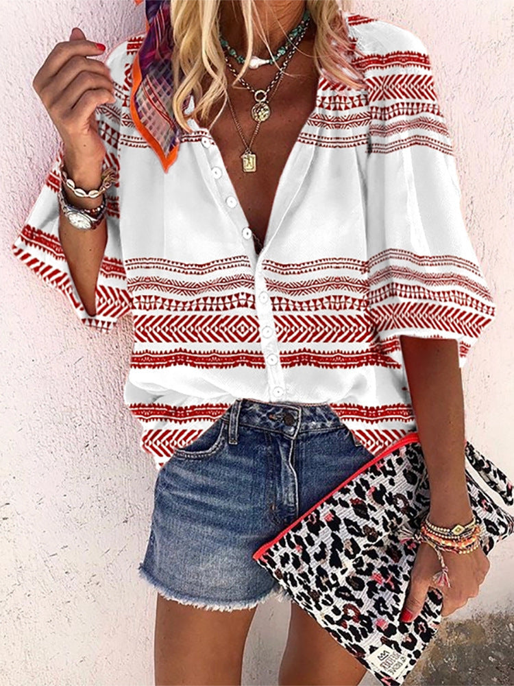 Boho Stripe Print Greta  Button Blouse
