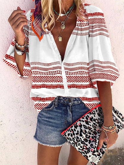 Boho Stripe Print Greta  Button Blouse