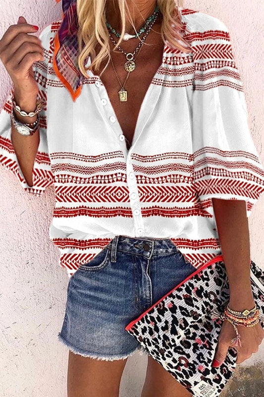 Boho Stripe Print Greta  Button Blouse