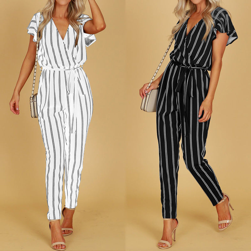 Chic Stripe Greta  V-Neck Halter Jumpsuit