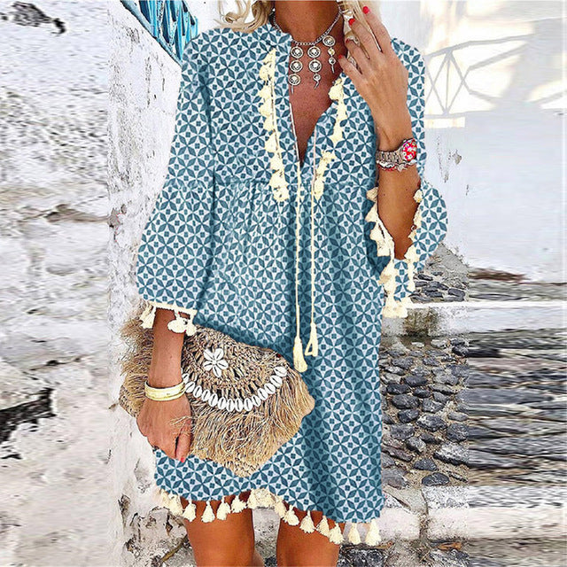 Boho Tassel V-Neck Dress by Greta 