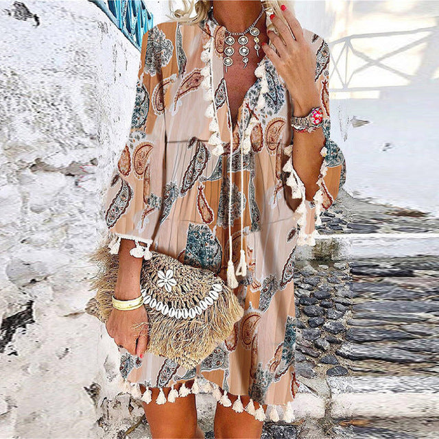 Boho Tassel V-Neck Dress by Greta 