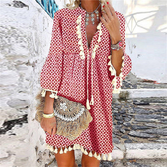 Boho Tassel V-Neck Dress by Greta 