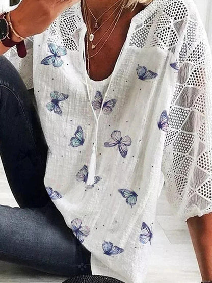 Boho Butterfly Print Greta  V-Neck Blouse
