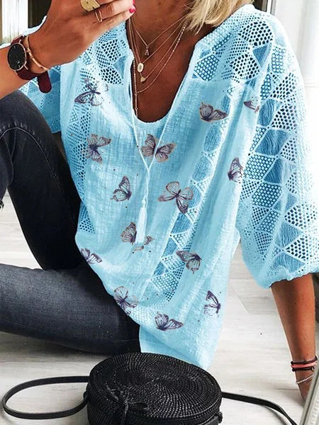 Boho Butterfly Print Greta  V-Neck Blouse