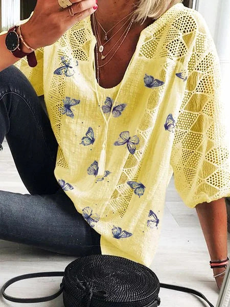 Boho Butterfly Print Greta  V-Neck Blouse