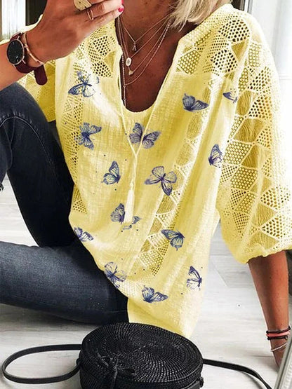 Boho Butterfly Print Greta  V-Neck Blouse