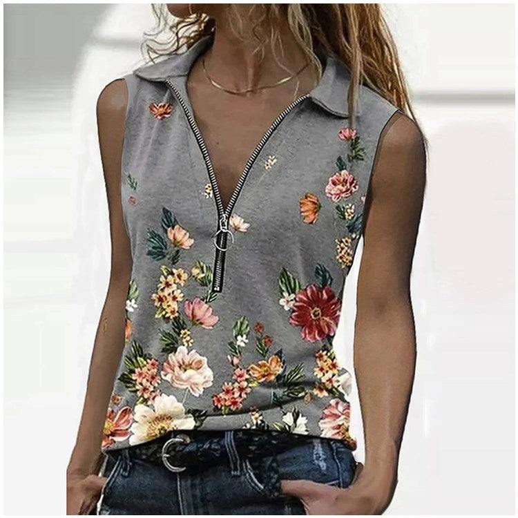 Floral Zip Slim Top Greta  Sleeveless Blouse