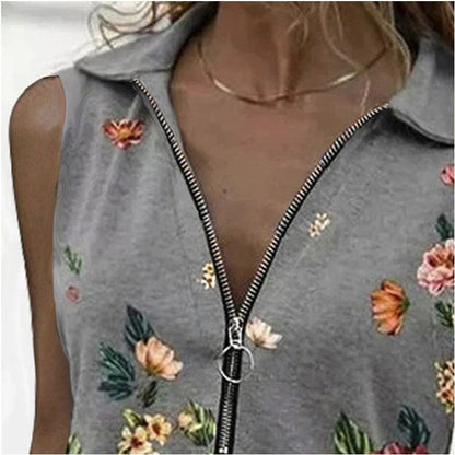 Floral Zip Slim Top Greta  Sleeveless Blouse