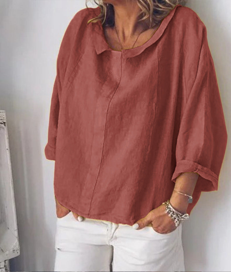 Chic Linen Lapel Blouse by Greta 