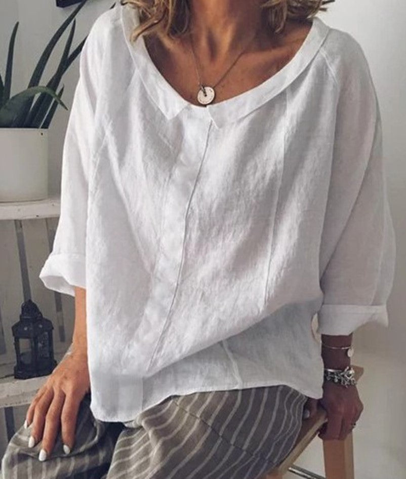 Chic Linen Lapel Blouse by Greta 