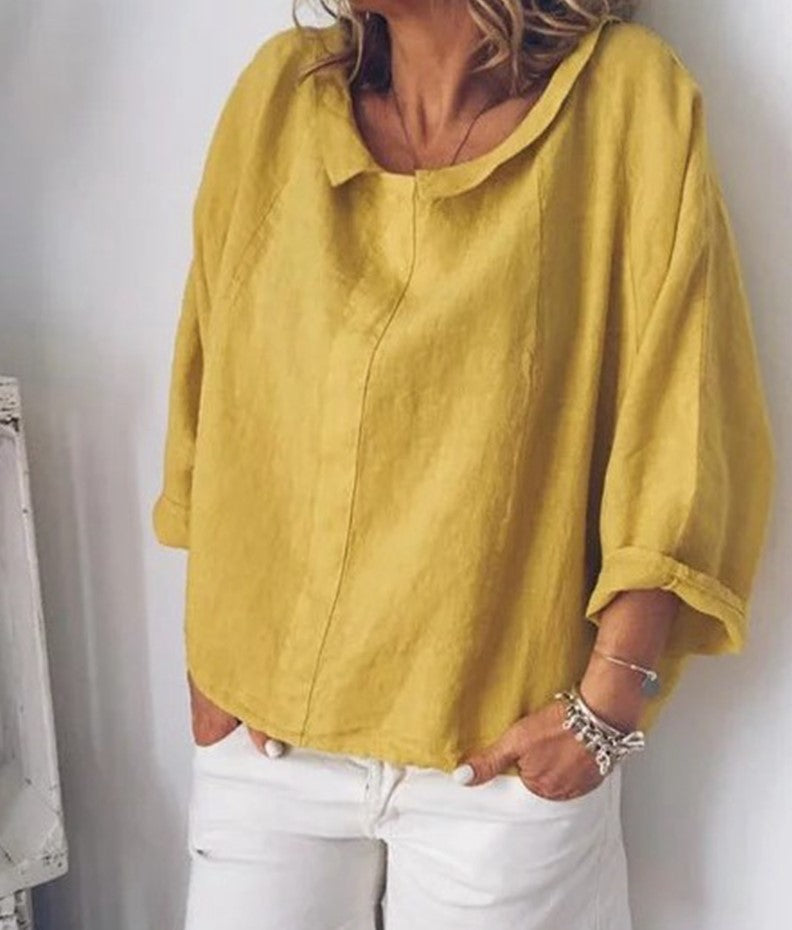Chic Linen Lapel Blouse by Greta 