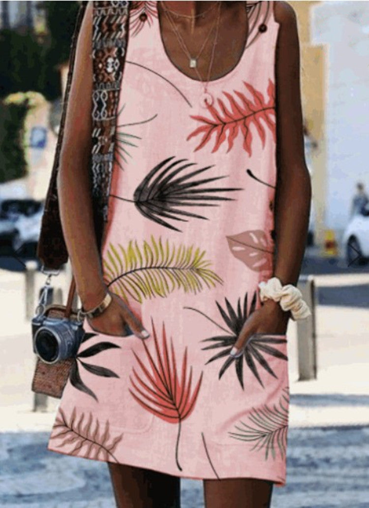 Leaf Print Greta  Summer Button Pocket Dress