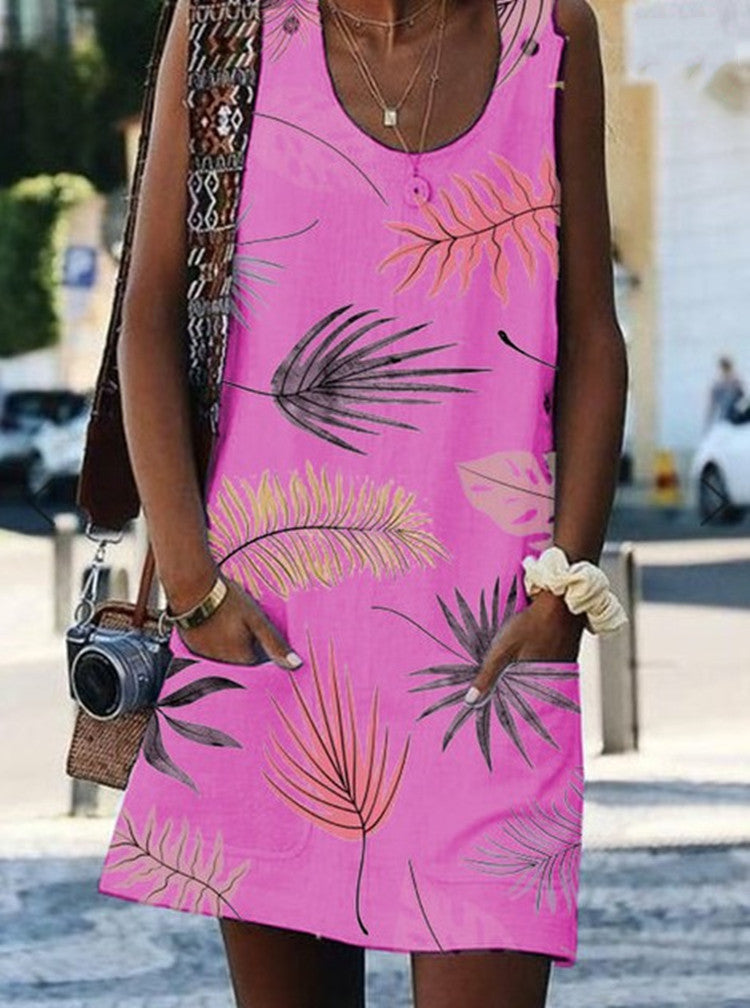 Leaf Print Greta  Summer Button Pocket Dress
