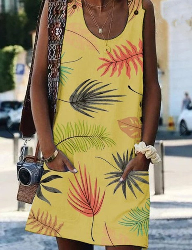 Leaf Print Greta  Summer Button Pocket Dress