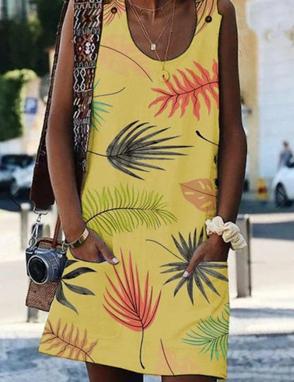 Leaf Print Greta  Summer Button Pocket Dress