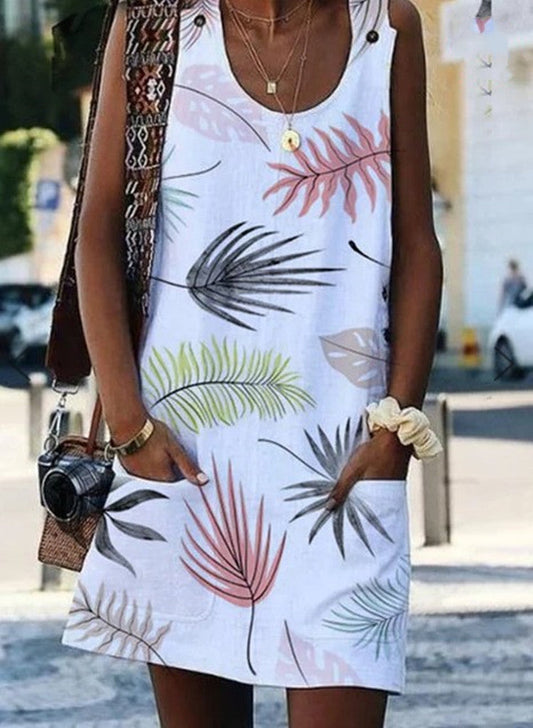 Leaf Print Greta  Summer Button Pocket Dress