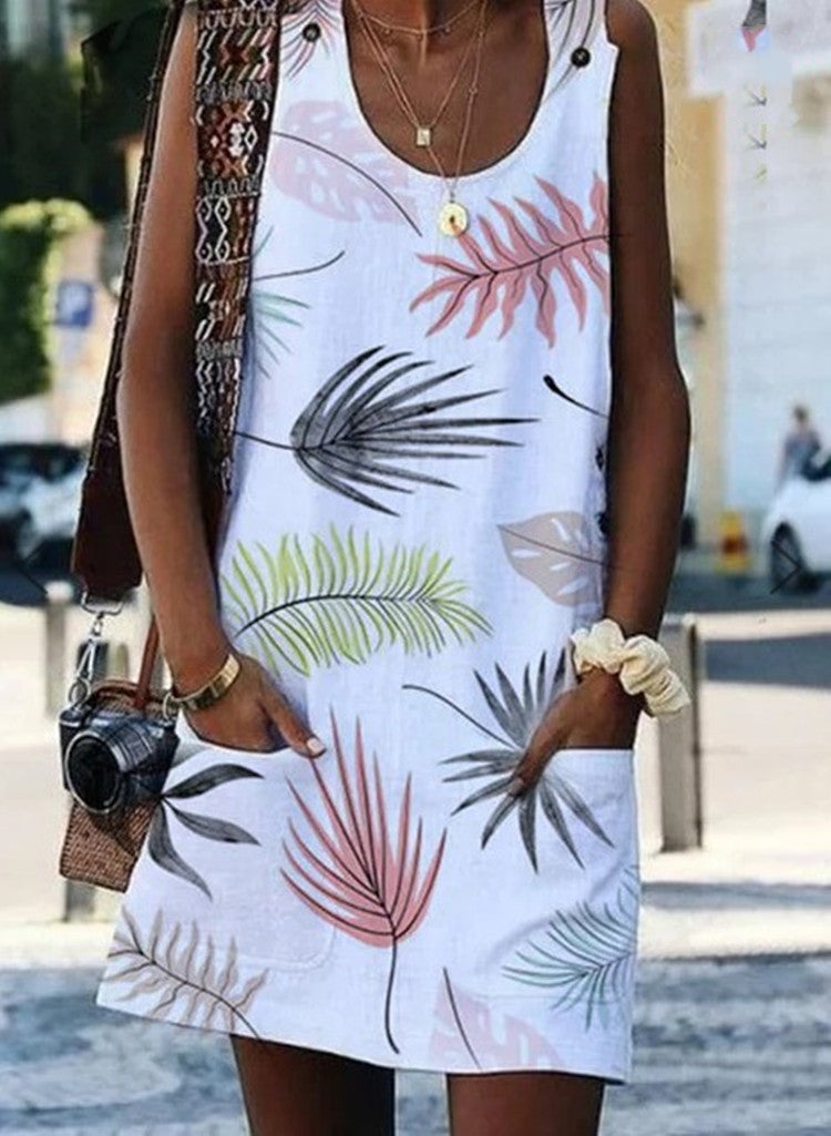 Leaf Print Greta  Summer Button Pocket Dress