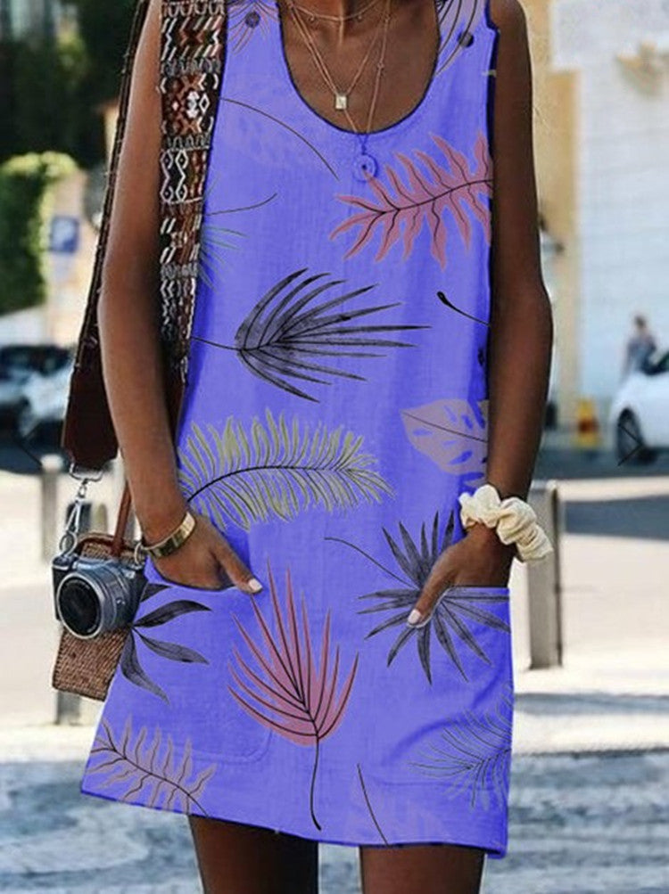 Leaf Print Greta  Summer Button Pocket Dress