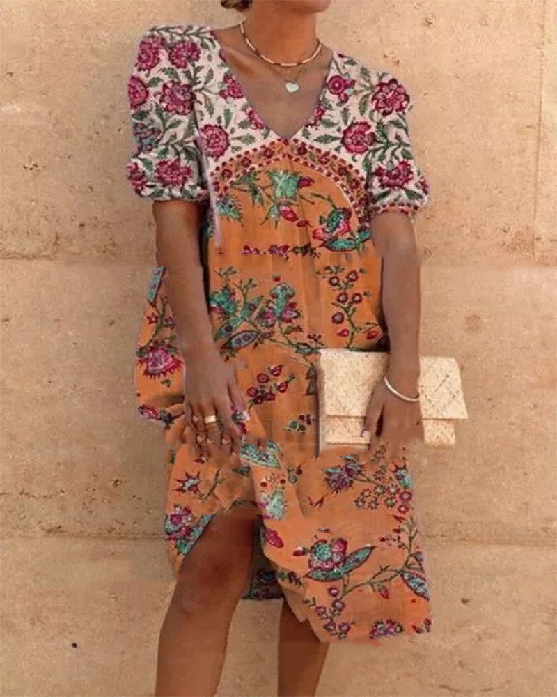 Floral V-Neck Mid-Length Dress by Greta 