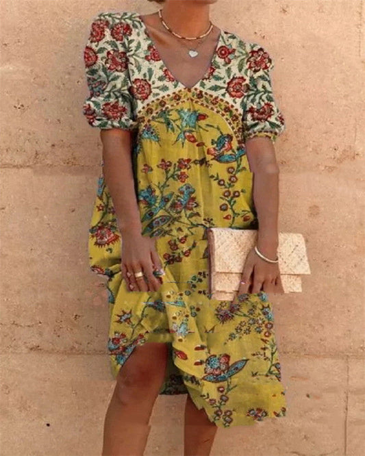 Floral V-Neck Mid-Length Dress by Greta 