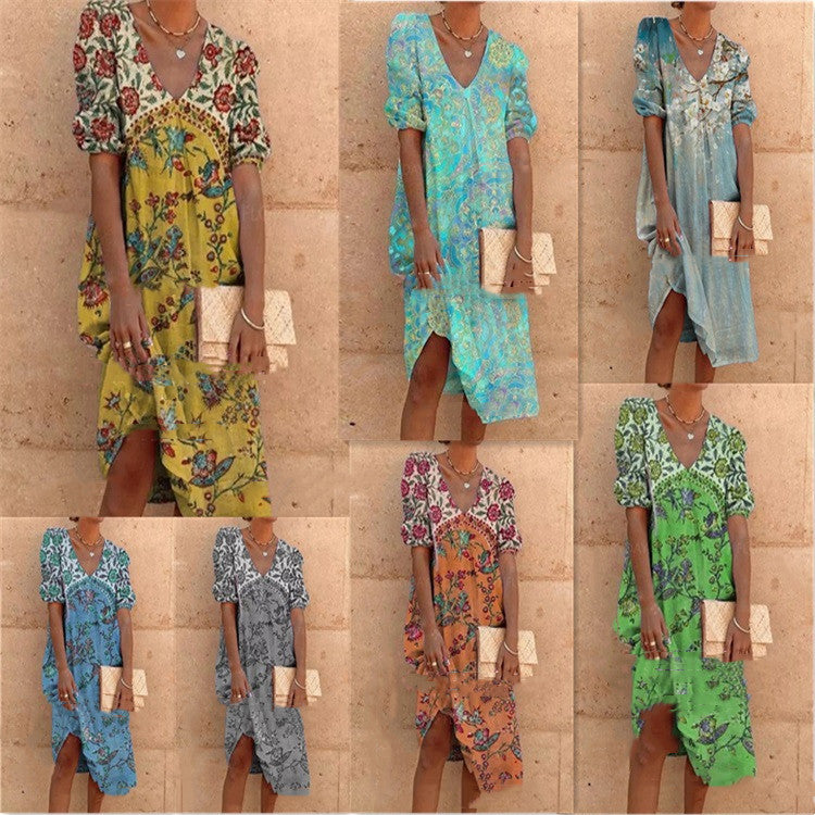 Floral V-Neck Mid-Length Dress by Greta 